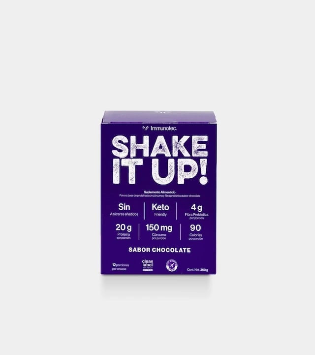 Caja morada Shake It Up sabor chocolate con 20g de proteína por porción