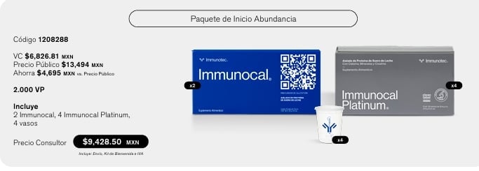 Paquete de Inicio Abundancia de Immunotec: 2 Immunocal, 4 Immunocal Platinum y 4 vasos mezcladores