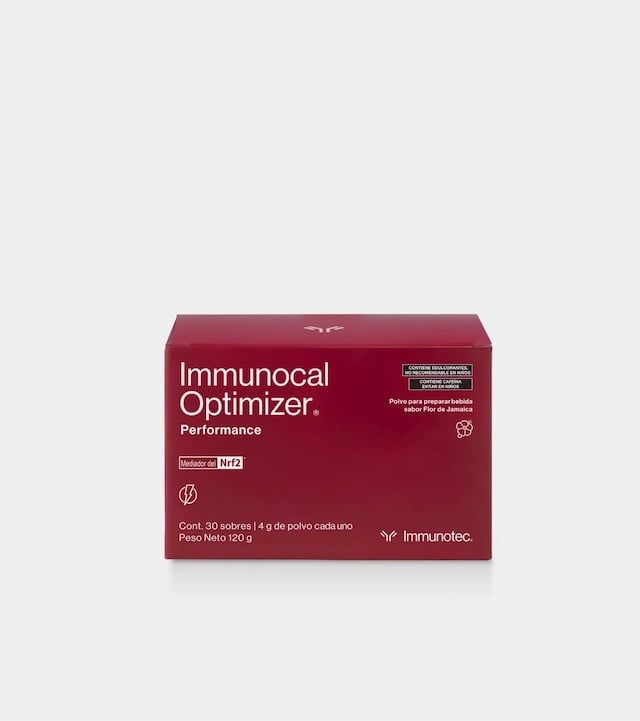 Caja burdeos de Immunocal Optimizer Performance sabor Flor de Jamaica