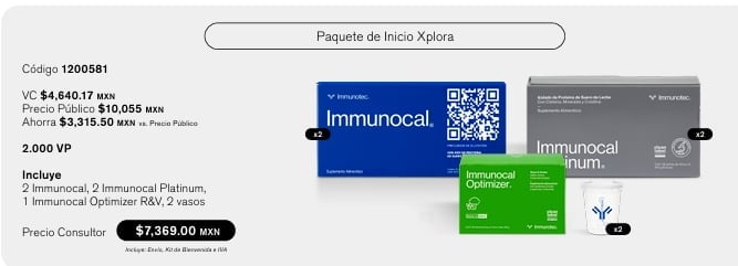 Paquete de Inicio Xplora de Immunotec: 2 Immunocal, 2 Immunocal Platinum, 1 Immunocal Optimizer R&V y 2 vasos mezcladores