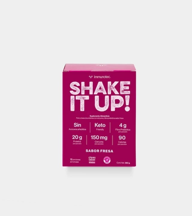 Caja rosa Shake It Up sabor fresa con 20g de proteína por porción