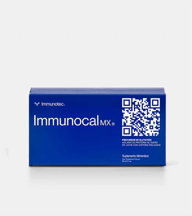 Caja azul de Immunocal MX por Immunotec con código QR