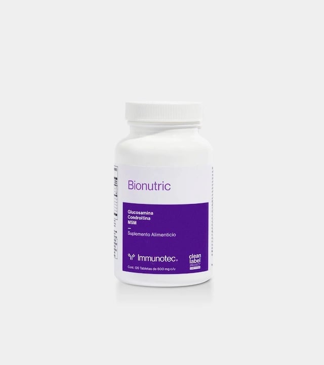 Frasco blanco con etiqueta morada de Bionutric por Immunotec con glucosamina, condroitina y MSM