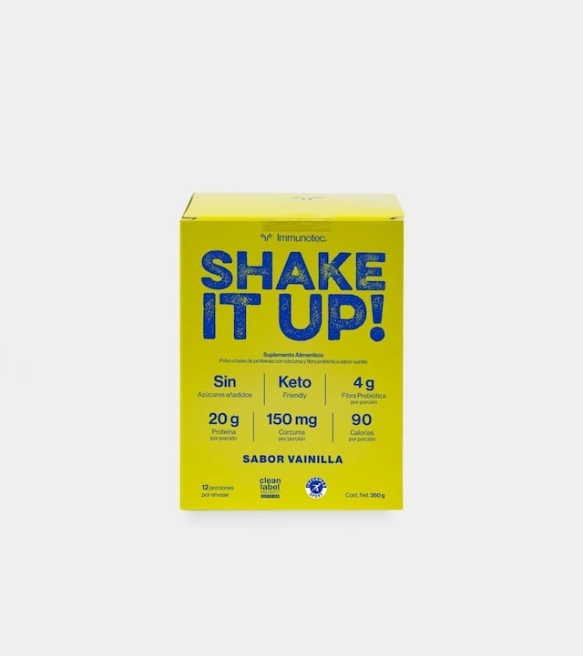 Caja amarilla Shake It Up sabor vainilla con 20g de proteína y 150mg de colágeno