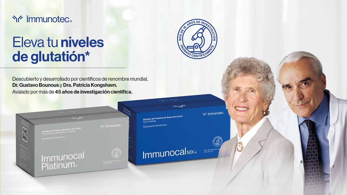 Doctores Gustavo Bounous y Patricia Kongshavn creadores de Immunocal junto a cajas de Immunocal Platinum y Immunocal MX